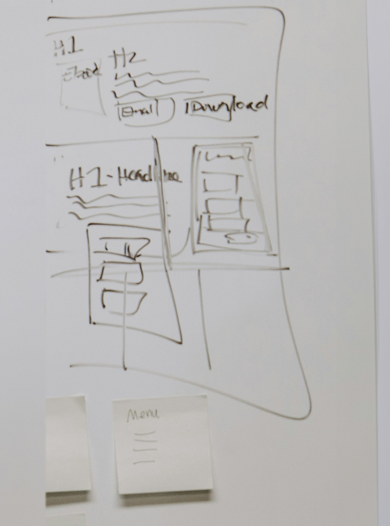 sketch of a menu UI and post=it notes on a whiteboard